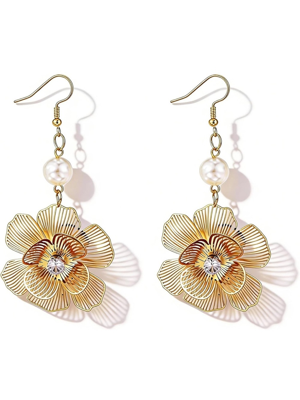 Anthropologie Gold Floral Drop Earrings with Pearl and Crystal Accent - Picture 4 of 4
